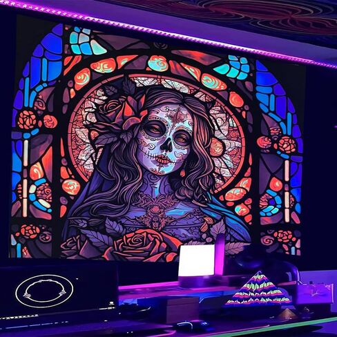 Miryoku Blacklight نسيج السكر الجمجمة نسيج هالوين نسيج الأشعة فوق البنفسجية رد الفعل تريبي النيون المفروشات توهج في خلفية حزب الظلام، هيكل عظمي جدار الفن لغرفة النوم غرفة المعيشة - 37.5 ''× 29'' in Kuwait