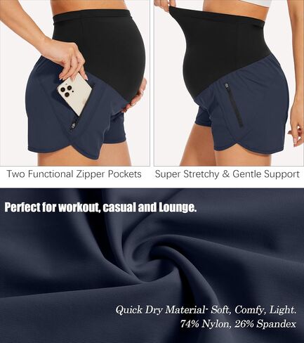 PACBREEZE Women's Maternity Shorts Over Belly Quick Dry Workout Athletic Running Shorts with Zipper Pockets in Saudi Arabia