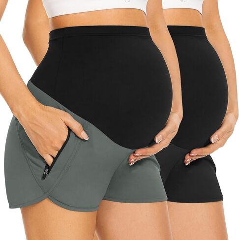 PACBREEZE Women's Maternity Shorts Over Belly Quick Dry Workout Athletic Running Shorts with Zipper Pockets in Saudi Arabia