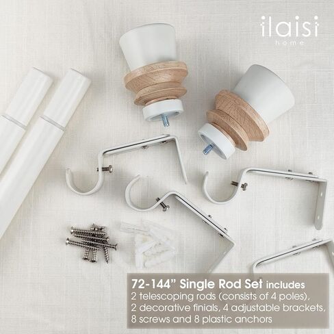 مجموعة قضبان ستارة واحدة من ILAISIHOME: قضيب ستارة أبيض بقطر 1-1/8 بوصة قابل للتعديل مع لمسة نهائية خشبية، 72-144 بوصة، قضيب ستائر أبيض قياسي فردي لحزمة واحدة in Kuwait