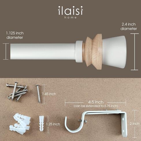 مجموعة قضبان ستارة واحدة من ILAISIHOME: قضيب ستارة أبيض بقطر 1-1/8 بوصة قابل للتعديل مع لمسة نهائية خشبية، 72-144 بوصة، قضيب ستائر أبيض قياسي فردي لحزمة واحدة in Kuwait