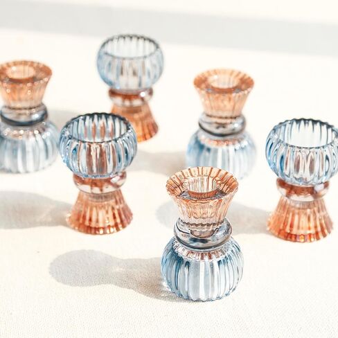 Set of 6 Amber Blue Glass Candle Holder Tealight & Taper Candle Holders, 3 inches, 2 in 1 Candlestick Holders, Home Decor Valentine Wedding Mother Gift Party Table Centerpiece in Kuwait