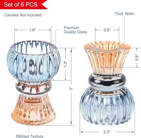 Set of 6 Amber Blue Glass Candle Holder Tealight & Taper Candle Holders, 3 inches, 2 in 1 Candlestick Holders, Home Decor Valentine Wedding Mother Gift Party Table Centerpiece in Kuwait