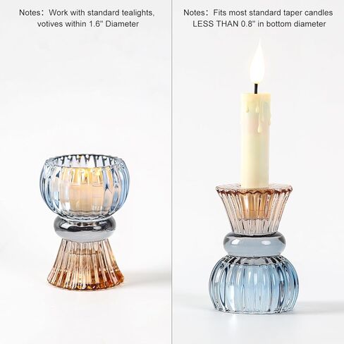 Set of 6 Amber Blue Glass Candle Holder Tealight & Taper Candle Holders, 3 inches, 2 in 1 Candlestick Holders, Home Decor Valentine Wedding Mother Gift Party Table Centerpiece in Kuwait