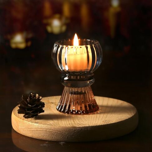 Set of 6 Amber Blue Glass Candle Holder Tealight & Taper Candle Holders, 3 inches, 2 in 1 Candlestick Holders, Home Decor Valentine Wedding Mother Gift Party Table Centerpiece in Kuwait