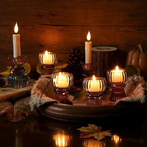 Set of 6 Amber Blue Glass Candle Holder Tealight & Taper Candle Holders, 3 inches, 2 in 1 Candlestick Holders, Home Decor Valentine Wedding Mother Gift Party Table Centerpiece in Kuwait