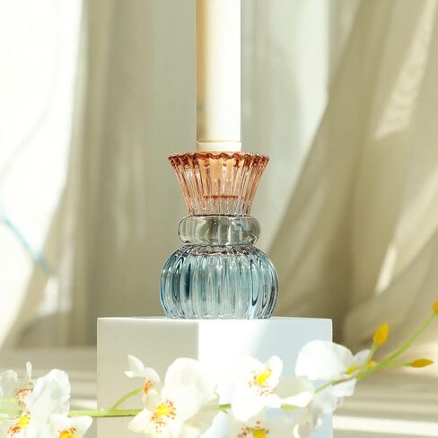 Set of 6 Amber Blue Glass Candle Holder Tealight & Taper Candle Holders, 3 inches, 2 in 1 Candlestick Holders, Home Decor Valentine Wedding Mother Gift Party Table Centerpiece in Kuwait