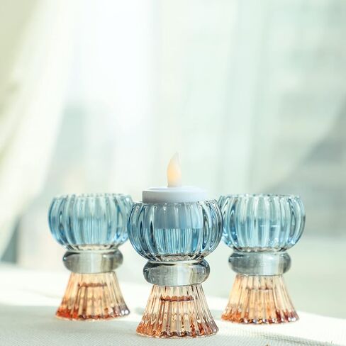 Set of 6 Amber Blue Glass Candle Holder Tealight & Taper Candle Holders, 3 inches, 2 in 1 Candlestick Holders, Home Decor Valentine Wedding Mother Gift Party Table Centerpiece in Kuwait