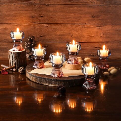 Set of 6 Amber Blue Glass Candle Holder Tealight & Taper Candle Holders, 3 inches, 2 in 1 Candlestick Holders, Home Decor Valentine Wedding Mother Gift Party Table Centerpiece in Kuwait