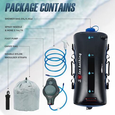 AFISHTOUR 20L/5.4 Gallons Portable Camping Shower Bag - Solar Shower Bag with Pressure Foot Pump and Shower Head - Camp Shower for Beach, Camping, Swimming, Travel, Hiking, Outdoor Trips in Kuwait