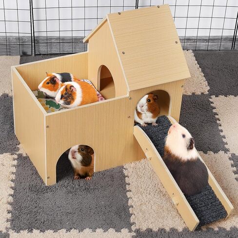Large Guinea Pig Castle, Sturdy Two-Tier Guinea Pig Hideout with Stairs & Mats Wooden Small Animal House Hut Habitats for Hamsters Chinchillas Bunny Hiding Playing Sleeping in Kuwait