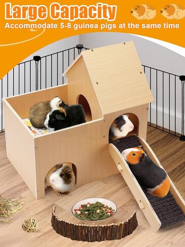 Large Guinea Pig Castle, Sturdy Two-Tier Guinea Pig Hideout with Stairs & Mats Wooden Small Animal House Hut Habitats for Hamsters Chinchillas Bunny Hiding Playing Sleeping in Kuwait