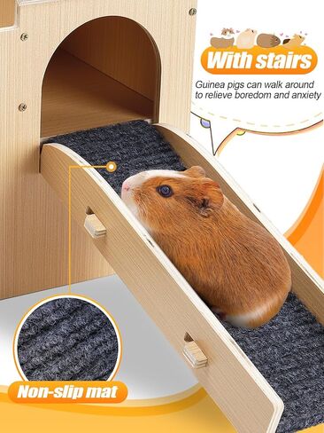 Large Guinea Pig Castle, Sturdy Two-Tier Guinea Pig Hideout with Stairs & Mats Wooden Small Animal House Hut Habitats for Hamsters Chinchillas Bunny Hiding Playing Sleeping in Kuwait