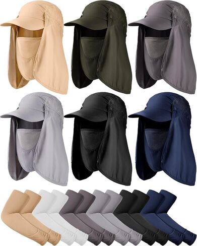 6 Set Sun Hat Fishing Hats Foldable Sun Fishing Cap UPF 50+ Sun Protection Caps with Face Mask Neck Flap and 6 Pairs Arm Sleeves for Men Women, As Picture Shown, XL in Saudi Arabia