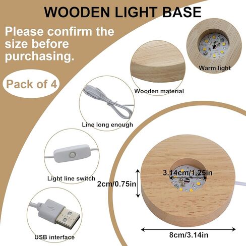 LACGO 4 قطع قواعد إضاءة خشبية مستديرة - حامل عرض LED مقاس 3 بوصات مع قواعد مستديرة مضاءة باللون الأبيض الدافئ للركائز الفنية الزجاجية ثلاثية الأبعاد لغرفة الكرة الكريستالية وديكور المنزل والمقهى in Kuwait