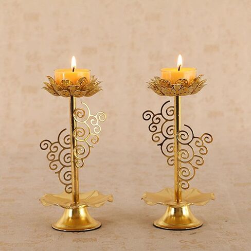 Garneck 2 PCS Tealight Holder Diwali, Buddhist Ghee Candle Holder, Alloy Candlestick with Lotus Base, Lotus Flower Lamp for Prayer/Meditation (M) in Saudi Arabia