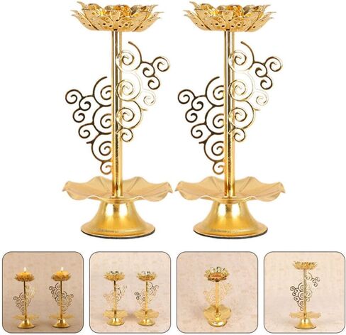 Garneck 2 PCS Tealight Holder Diwali, Buddhist Ghee Candle Holder, Alloy Candlestick with Lotus Base, Lotus Flower Lamp for Prayer/Meditation (M) in Saudi Arabia