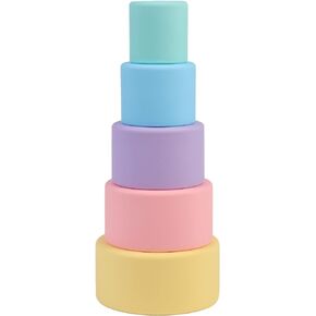 BLUE GINKGO Silicone Stacking Cups - Nesting Cups and Silicone Stacking Toy - Open Ended Montessori Toddler and Baby Stacking Cups - Neutral Baby Toys (5 Cups - Pastel)