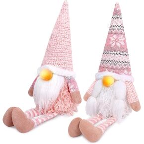 D-FantiX Pink Christmas Valentine Gnomes Decorations, 2Pack Handmade Swedish Tomte Gnome with LED Lighting Nose Scandinavian Figurine Pink Gnomes Plush Elf Valentines Day Decor Long Leg in Kuwait