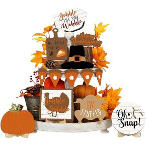Tradder 13 Pcs Fall Tiered Tray Decorations Tiered Tray Decor Set Rustic Table Thanksgiving Decorative Trays Wooden Turkey Autumn Pumpkin Tiered Tray for Farmhouse Home Kitchen Autumn Thanksgiving in Kuwait