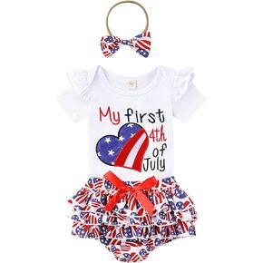 ملابس Sunwittafy Baby Girl My 1st 4th of July قصيرة الأكمام مطرزة رومبير كشكش شريطية شورتات على شكل نجمة مكونة من قطعتين...