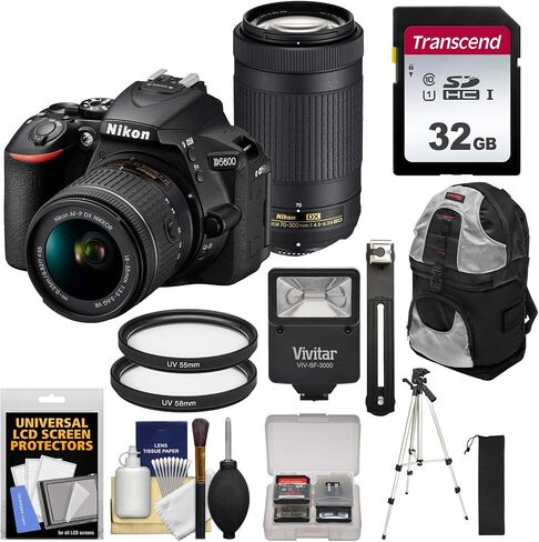 كاميرا Nikon D5600 Wi-Fi Digital SLR مع عدسات VR 18-55 مم و70-300 مم DX AF-P مع بطاقة سعة 32 جيجابايت + حقيبة ظهر + فلاش + حامل ثلاثي + مجموعة (متجددة) in Saudi Arabia