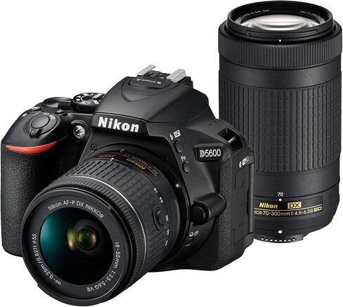 كاميرا Nikon D5600 Wi-Fi Digital SLR مع عدسات VR 18-55 مم و70-300 مم DX AF-P مع بطاقة سعة 32 جيجابايت + حقيبة ظهر + فلاش + حامل ثلاثي + مجموعة (متجددة) in Saudi Arabia