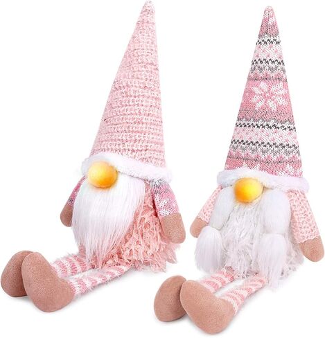 D-FantiX Pink Christmas Valentine Gnomes Decorations, 2Pack Handmade Swedish Tomte Gnome with LED Lighting Nose Scandinavian Figurine Pink Gnomes Plush Elf Valentines Day Decor Long Leg in Kuwait