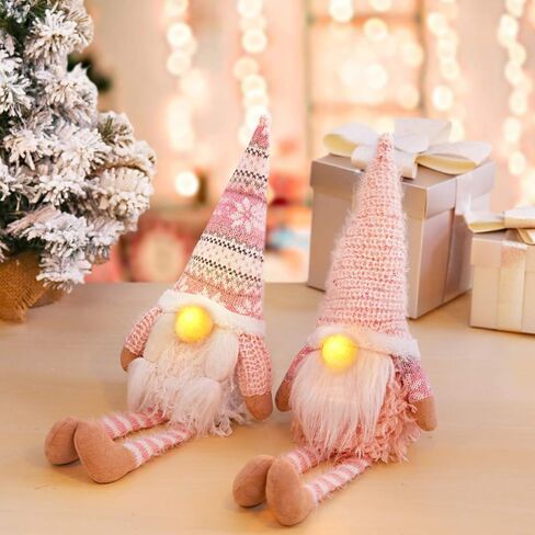 D-FantiX Pink Christmas Valentine Gnomes Decorations, 2Pack Handmade Swedish Tomte Gnome with LED Lighting Nose Scandinavian Figurine Pink Gnomes Plush Elf Valentines Day Decor Long Leg in Kuwait
