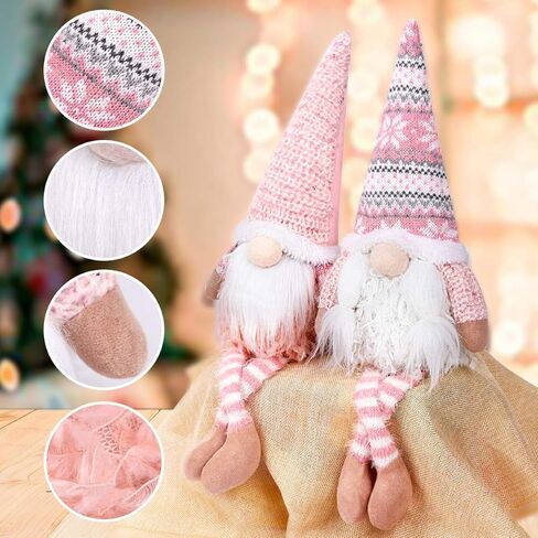 D-FantiX Pink Christmas Valentine Gnomes Decorations, 2Pack Handmade Swedish Tomte Gnome with LED Lighting Nose Scandinavian Figurine Pink Gnomes Plush Elf Valentines Day Decor Long Leg in Kuwait
