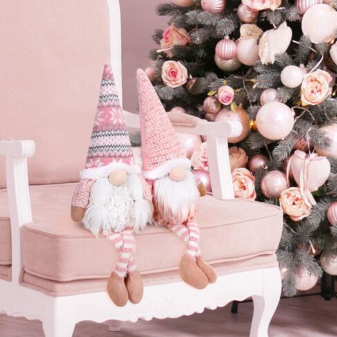 D-FantiX Pink Christmas Valentine Gnomes Decorations, 2Pack Handmade Swedish Tomte Gnome with LED Lighting Nose Scandinavian Figurine Pink Gnomes Plush Elf Valentines Day Decor Long Leg in Kuwait