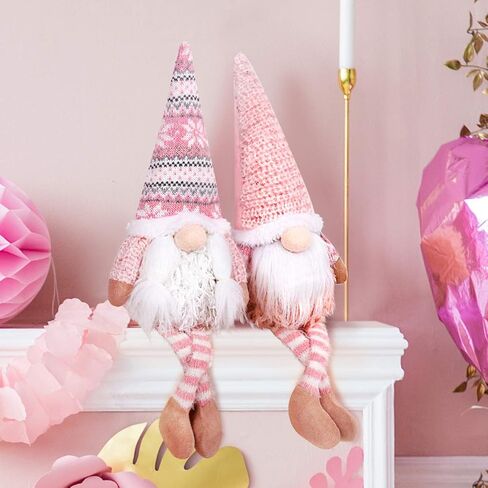 D-FantiX Pink Christmas Valentine Gnomes Decorations, 2Pack Handmade Swedish Tomte Gnome with LED Lighting Nose Scandinavian Figurine Pink Gnomes Plush Elf Valentines Day Decor Long Leg in Kuwait