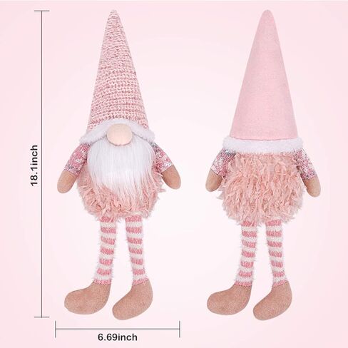 D-FantiX Pink Christmas Valentine Gnomes Decorations, 2Pack Handmade Swedish Tomte Gnome with LED Lighting Nose Scandinavian Figurine Pink Gnomes Plush Elf Valentines Day Decor Long Leg in Kuwait