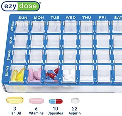 EZY DOSE 2 Pack Pharmadose 7-Day Pill, Medicine, Vitamin Organizer Box Case Weekly, 4 Times a Day, Medium Compartments Clear Lids (2 Pack - Random Colors) in Kuwait