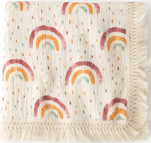 CHUNGEL شرابات قطنية للأطفال مقاس 40 بوصة × 47 بوصة، بطانية استقبال للأطفال مع هامش، بطانية قماط من موسلين بوهو مع هامش - نجمة قوس قزح in Kuwait