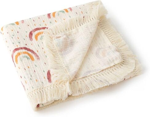 CHUNGEL شرابات قطنية للأطفال مقاس 40 بوصة × 47 بوصة، بطانية استقبال للأطفال مع هامش، بطانية قماط من موسلين بوهو مع هامش - نجمة قوس قزح in Kuwait