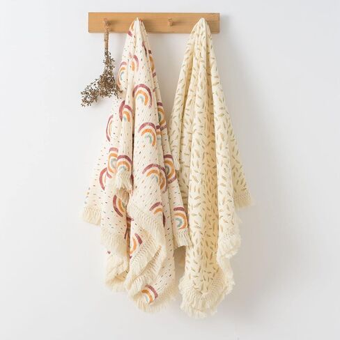 CHUNGEL شرابات قطنية للأطفال مقاس 40 بوصة × 47 بوصة، بطانية استقبال للأطفال مع هامش، بطانية قماط من موسلين بوهو مع هامش - نجمة قوس قزح in Kuwait