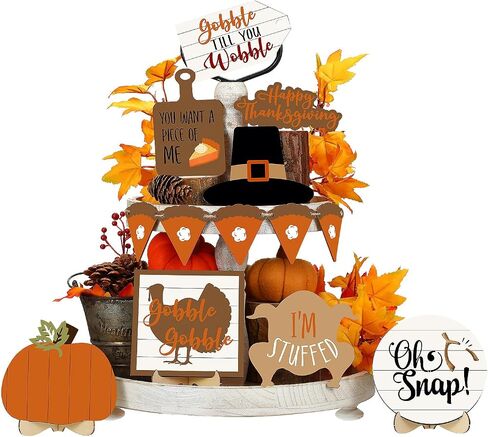 19 Pcs Fall Tiered Tray Decorations Set Hello Fall Rustic Farmhouse Tray Decoration Thanksgiving Pumpkin Maple Leaf Gnome Wooden Sign Autumn Tabletop Sign for Fall Home Kitchen in Saudi Arabia