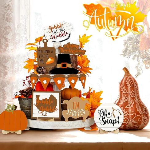 19 Pcs Fall Tiered Tray Decorations Set Hello Fall Rustic Farmhouse Tray Decoration Thanksgiving Pumpkin Maple Leaf Gnome Wooden Sign Autumn Tabletop Sign for Fall Home Kitchen in Saudi Arabia