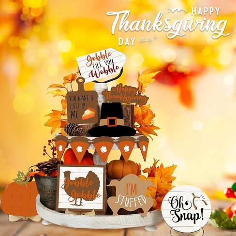 19 Pcs Fall Tiered Tray Decorations Set Hello Fall Rustic Farmhouse Tray Decoration Thanksgiving Pumpkin Maple Leaf Gnome Wooden Sign Autumn Tabletop Sign for Fall Home Kitchen in Saudi Arabia
