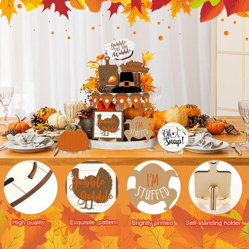 19 Pcs Fall Tiered Tray Decorations Set Hello Fall Rustic Farmhouse Tray Decoration Thanksgiving Pumpkin Maple Leaf Gnome Wooden Sign Autumn Tabletop Sign for Fall Home Kitchen in Saudi Arabia