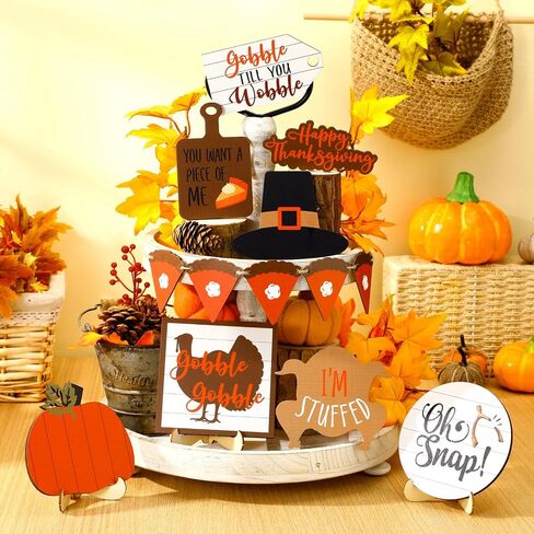 19 Pcs Fall Tiered Tray Decorations Set Hello Fall Rustic Farmhouse Tray Decoration Thanksgiving Pumpkin Maple Leaf Gnome Wooden Sign Autumn Tabletop Sign for Fall Home Kitchen in Saudi Arabia