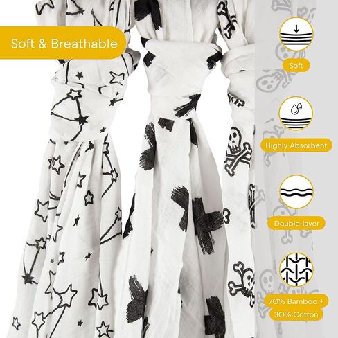 قماط أيرون ليلي بيبي موسلين، بطانية تلقي ناعمة من قطن الخيزران للرضع حديثي الولادة صبي فتاة للجنسين أسود أبيض - هدية لحفلة عيد الميلاد (علامات زائد/X) in Kuwait