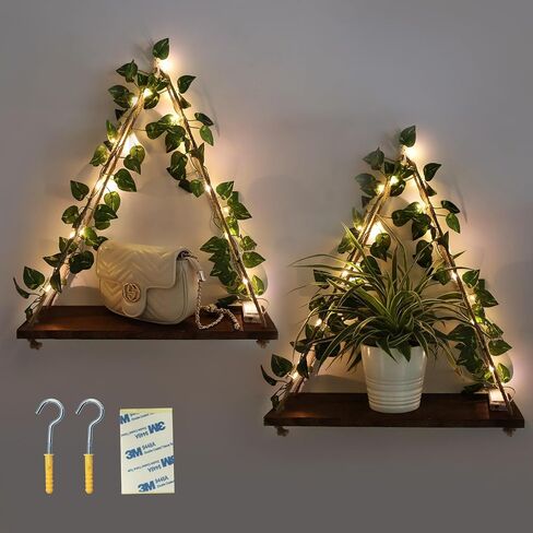 Artificial Ivy LED-Strip Wall Hanging Shelves Set of 2, Hanging Plant Shelf, Macrame Wall Hanging Shelf, Wood Hanging Plant Shelves for Bedroom Bathroom Living Room Kitchen for Wall Decoration in Saudi Arabia