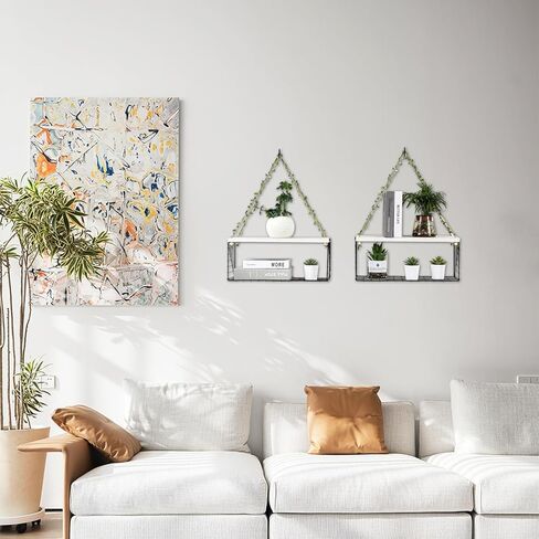 Hanging Shelves for Wall Set of 2 Hanging Plant Shelf - Aesthetic Wooden Floating Rope Bookshelves Wall Decor for Bedroom, Bathroom, Living Room,White (Style 2) in Kuwait