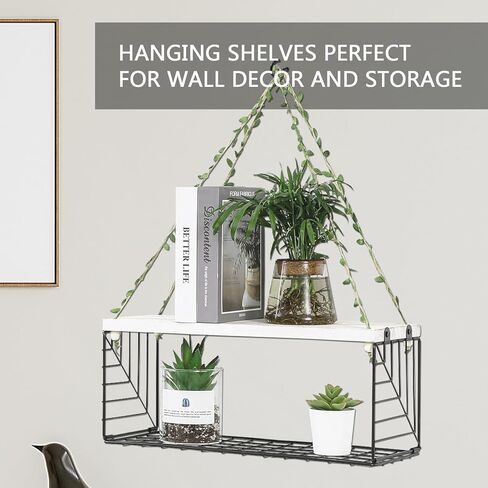 Hanging Shelves for Wall Set of 2 Hanging Plant Shelf - Aesthetic Wooden Floating Rope Bookshelves Wall Decor for Bedroom, Bathroom, Living Room,White (Style 2) in Kuwait