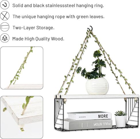 Hanging Shelves for Wall Set of 2 Hanging Plant Shelf - Aesthetic Wooden Floating Rope Bookshelves Wall Decor for Bedroom, Bathroom, Living Room,White (Style 2) in Kuwait