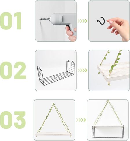 Hanging Shelves for Wall Set of 2 Hanging Plant Shelf - Aesthetic Wooden Floating Rope Bookshelves Wall Decor for Bedroom, Bathroom, Living Room,White (Style 2) in Kuwait