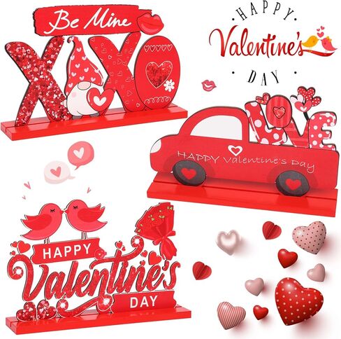 Qinzave 3PC Valentine's Day Table Sign Decoration, Happy Valentine's Day Love Be Mine Wood Table Decorations, Valentine Wooden Tabletop Centerpieces Sign Home Wedding Table Desk Party Décor in Kuwait