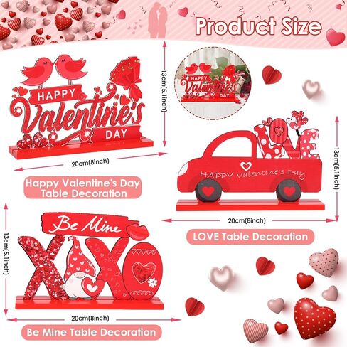 Qinzave 3PC Valentine's Day Table Sign Decoration, Happy Valentine's Day Love Be Mine Wood Table Decorations, Valentine Wooden Tabletop Centerpieces Sign Home Wedding Table Desk Party Décor in Kuwait
